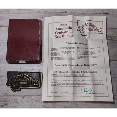 VTG Anaconda Montana Solid Brass Centennial Belt Buckle LE No 55 w/ Certificate