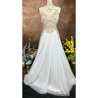Say Yes To The Prom Embroidered Lace-Up Gown - Gold Beaded Bodice - size 12