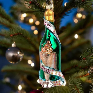 Christopher Radko "Happy New Year 2001" Champagne Bottle Glass Ornament 6.50” T