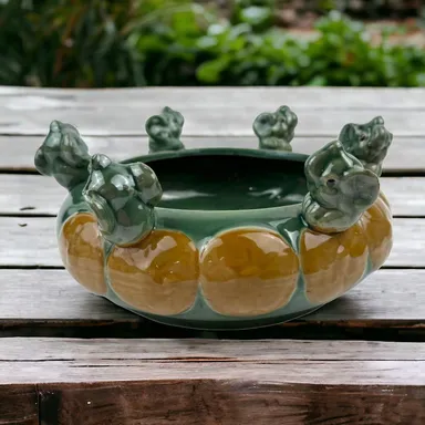 Vintage Majolica Shallow Pottery Planter 6 Baby Elephants Trunk Up for Good Luck