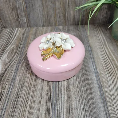 Vintage Powder or Trinket Box, Pink Ceramic Round, Flowers & Rhinestones