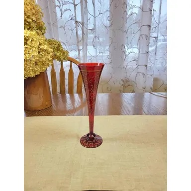 Vintage Champagne Flute, Hand Painted Glass, Red with Gold