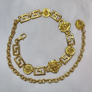 Anne Klein Belt Gold Lion Head Chain Link Medallion Chunky Greek 24"-36" Vtg 80s