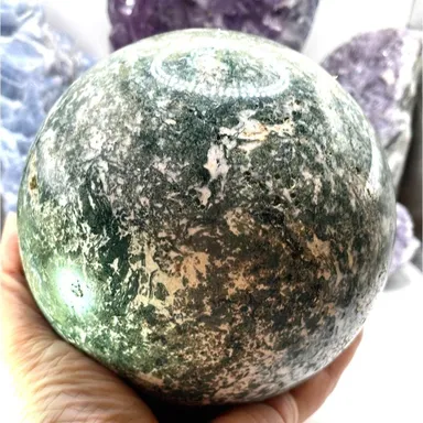 Giant Moss Agate Sphere with stand