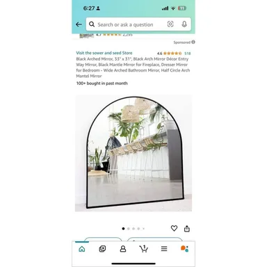 Black Arched Mirror, 33" x 31" Arch Mirror Décor Entry Way Mantle Dresser Hallway NEW $130 amazon