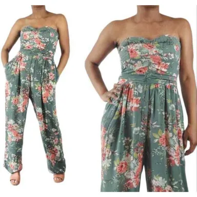 Band of Gypsies Green Floral Strapless Bustier Wide Leg Jumpsuit Womens Medium