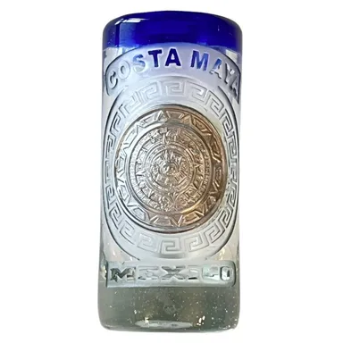 VTG Hand Blown DOUBLE SHOT GLASS Costa Maya Mexico Blue Rim Silver Medallion