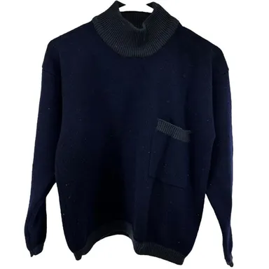 Christian Dior Turtleneck Merino Wool Sweater Chest Pocket Ribbed Trim Navy S