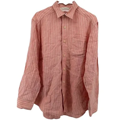 Tommy Bahama Linen Pinstriped Button Down Dress Shirt Chest Pocket Coral Small