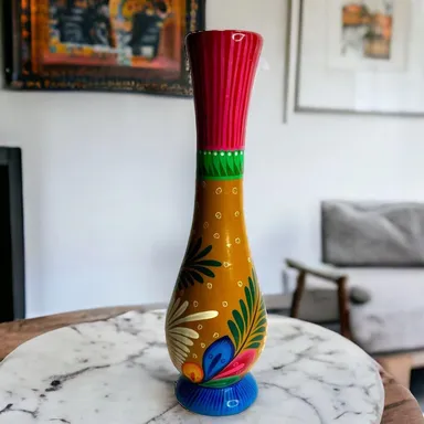Talavera Pottery 12" Bud Vase Mexican Folk Art Floral Hand Painted Terracotta