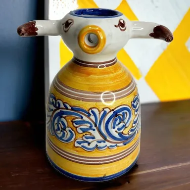 Vintage Spanish Talavera Style Hand Painted Art Pottery Bull Creamer Folk Art 4"