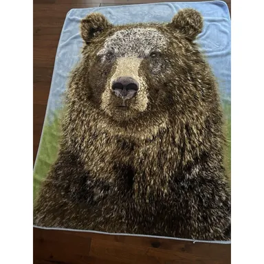 Shavel Fleece Throw Blanket Grizzley Bear Two Sided 76X60 Polyester