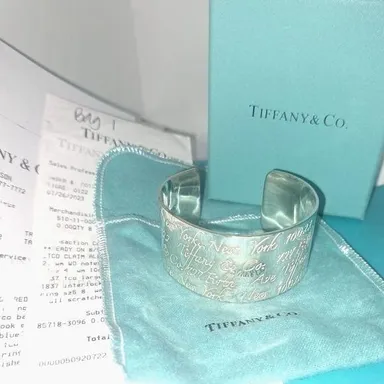 Fabulous New York Notes Tiffany & Co wide band sterling silver 925 Cuff bracelet