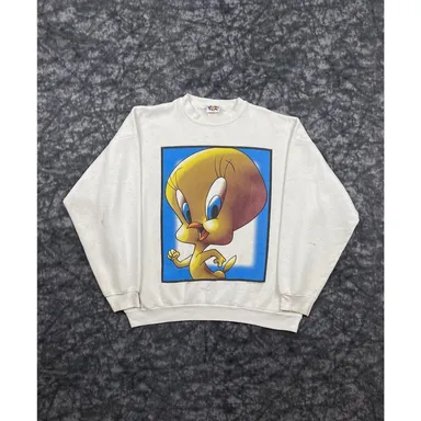 Vintage 90s Tweety Looney Tunes Crewneck Sweatshirt XL White USA Made Mega Print