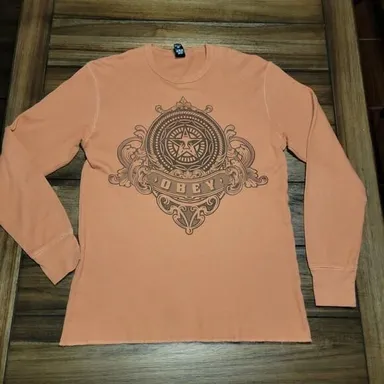 Obey LS Waffle Knit Shirt Rust Color Unisex Tee - Size Medium