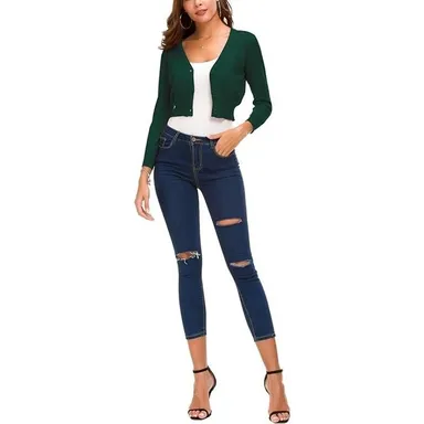 Womens Trendy Bolero Shrug Cropped Cardigan 3/4 Sleeve, Green, Size Medium