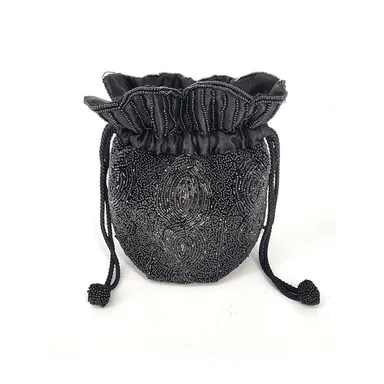 Black Beaded Drawstring Bucket Bag by Parisian Signature