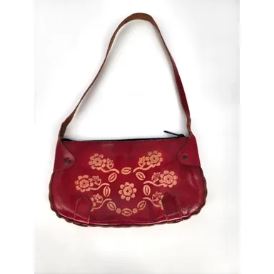 Red Tooled Leather Purse With Floral Pattern