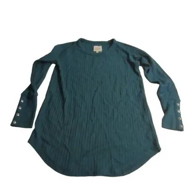Chaser Women's Small Long Sleeve Waffle Knit Top Teal Blue Crewneck T Shirt