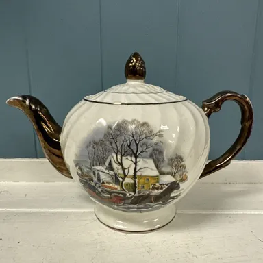 Vintage Ellgreave England Winter Scene Ironstone Teapot Bronze Accents Numbered