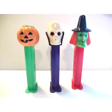 Halloween PEZ Set of 3 Witch Goblin Head Skeleton Candy Container Vintage