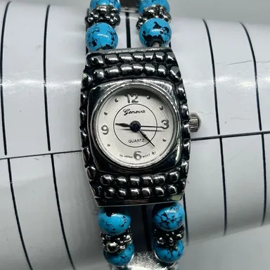 Geneva Women’s Analog Watch w/ Turquoise Beads Stretch Band Working New Battery