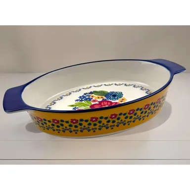 Pioneer Woman Floral Oval Baking Casserole Dish Yellow Blue Flowers