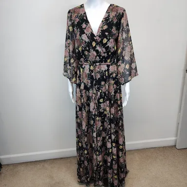 Spy Zone Exchange Womens Floral Maxi Dress Medium V-neck Flare Sleeve Cottage