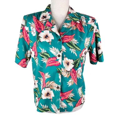 Shannon Marie Vintage Hawaiian Shirt Button Down Medium Turquoise