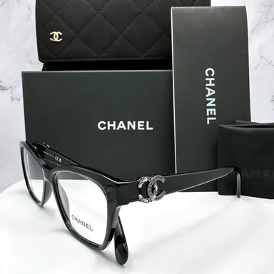 Chanel Eyeglasses Black Crystal Leather CC Logo 