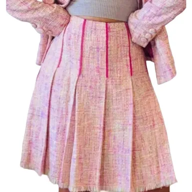 Dana Buchman Pink Tweed Pleated Fully Lined Side Zipper Fringe Hem Skirt Sz 14