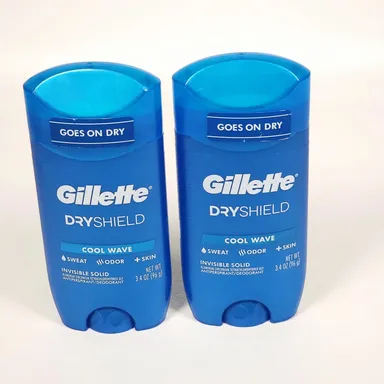 2 Gillette DryShield Cool Wave Antiperspirant Deodorant Invisible Solid 3.4oz ea