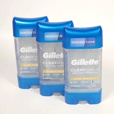3x Gillette Clear Shield 72hr Sweat Protection Gel Clase Mundial 3.8oz ea 02/25+
