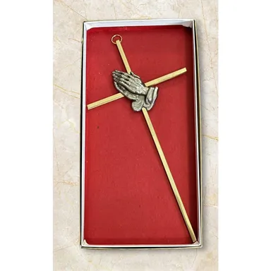 Cross with Praying Hands Vintage Brass 10 in. x 5 in Wall Hanging Religion