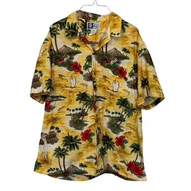 RJC Hawaiian Button Shirt Men VTG XL Yellow Tropical Tiki Print Made in Hawaii