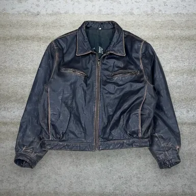 Vintage Genuine Leather Jacket Mens XL Jet Black Outrage Biker 90s
