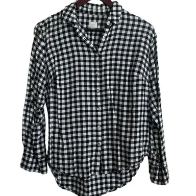 A New Day Women Top S Black White Gingham Plaid Button Up Casual Preppy Academia