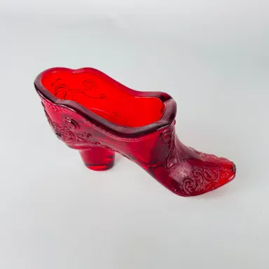 Mosser Glass Ruby Red Bow & Scrolls Vintage Victorian Slipper Shoe Boot Figurine