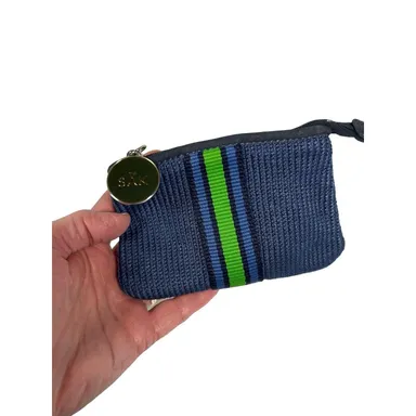 The Sak Zip Top Coin Purse Pouch Mini Bag Blue Crochet Green Stripe 5 x 3.5