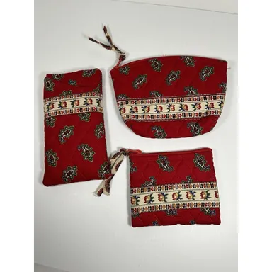 Vera Bradley 3 Piece Set Dbl Glasses Holder Makeup Pouch Coin Pouch Red Floral