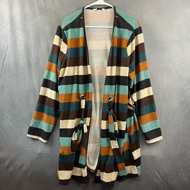 Striped Open Front Cardigan Midlength Stretchy with Belt Women's Medium Boho
