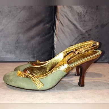 EUC VINTAGE ENZO ANGIOLINI SLING BACK OLIVE GREEN WITH BOW GOLD METALLIC LEATHER
