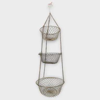 Vintage 3 Tier Wire Mesh Metal Hanging Fruit Basket Collapsible Gold Retro 32"