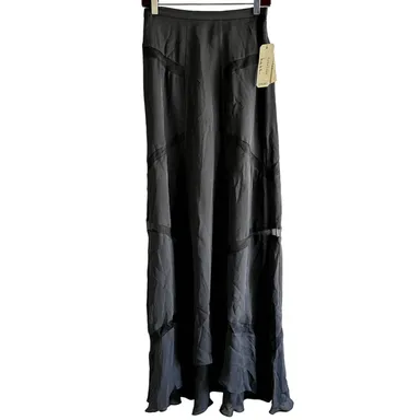 Nicole Miller Artelier Pull On Maxi Skirt Mesh Trim 100% Silk Dark Gray 4 NWT