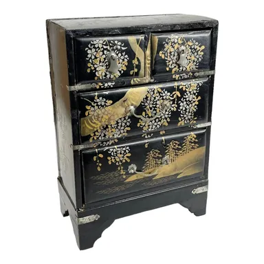 VTG Black Lacquered JEWELRY BOX 8" Oriental Asian Chinoiserie Mini Chest Drawers