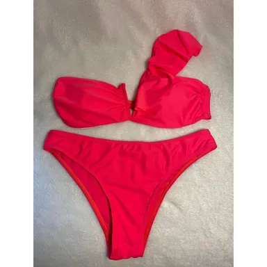 2 Piece Hot Pink Bikini, Cheeky, V wired cut, 1 Strap with ruffles Size Large