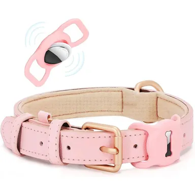 Pink Leather Dog Collar, Adjustable, Soft Padded with Air Tag Holder, Medium