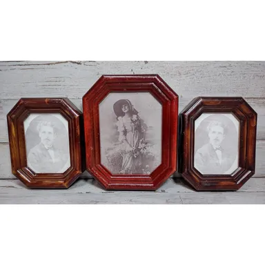 3 Vintage 8-Sided British Registered Design Plastic Faux Wood Picture Frames