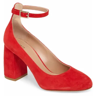 Lewit Emilia Ankle Strap Pump High Heels Almond Toe Suede Leather Red 35.5 5