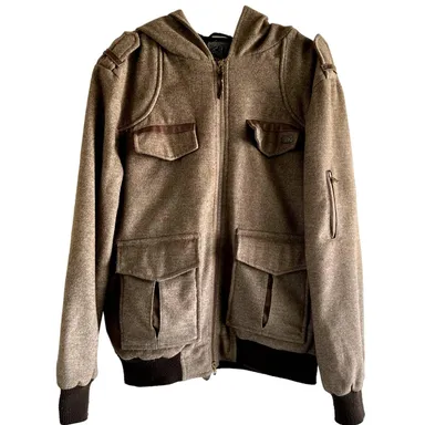 Nobis Bomber Utility Jacket Angora Hood Zip Up 4 Pocket Ribbed Trim Wool Brown L